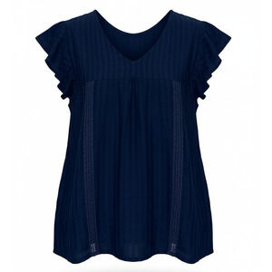 NWT Gap 1969 Blouse Womens XS Blue Chambray Flutter Sleeve Lace Trim Top